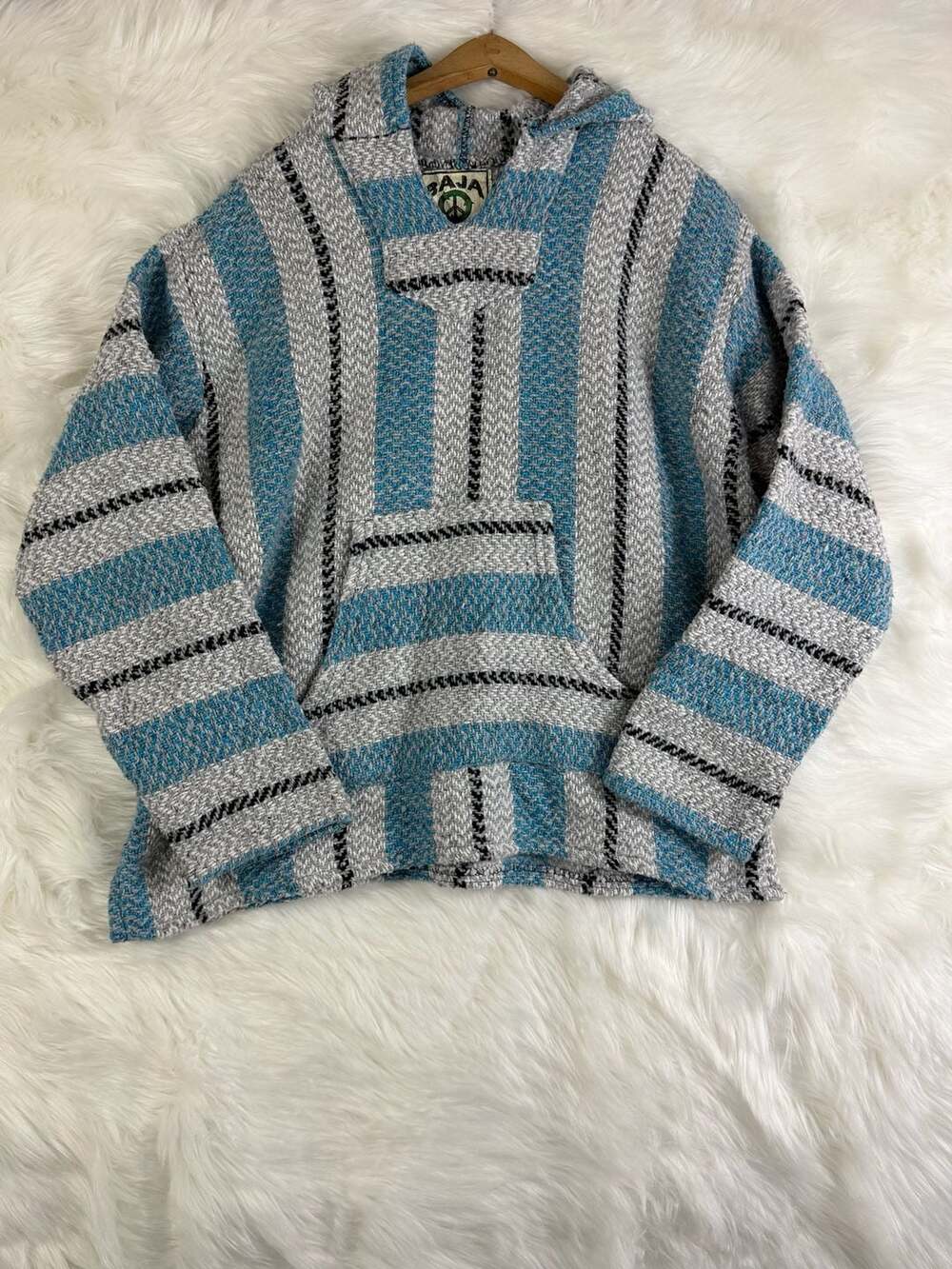 Baja Joe Baja Hoodie Size S Blue Gray Striped Pullover Drug Rug